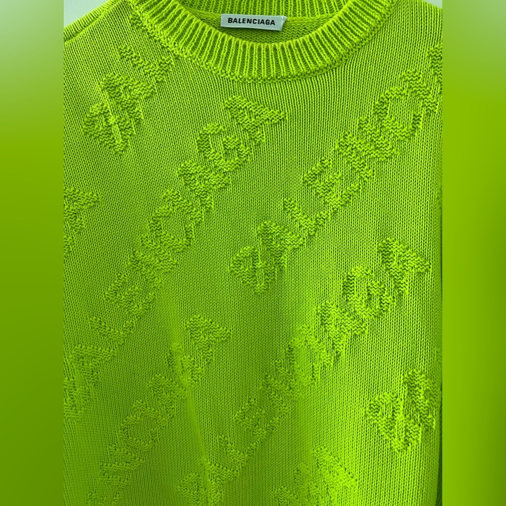 BALENCIAGA Oversized Neon Tonal Logo Jacquard Crewneck Sweater Jumper Sz Small